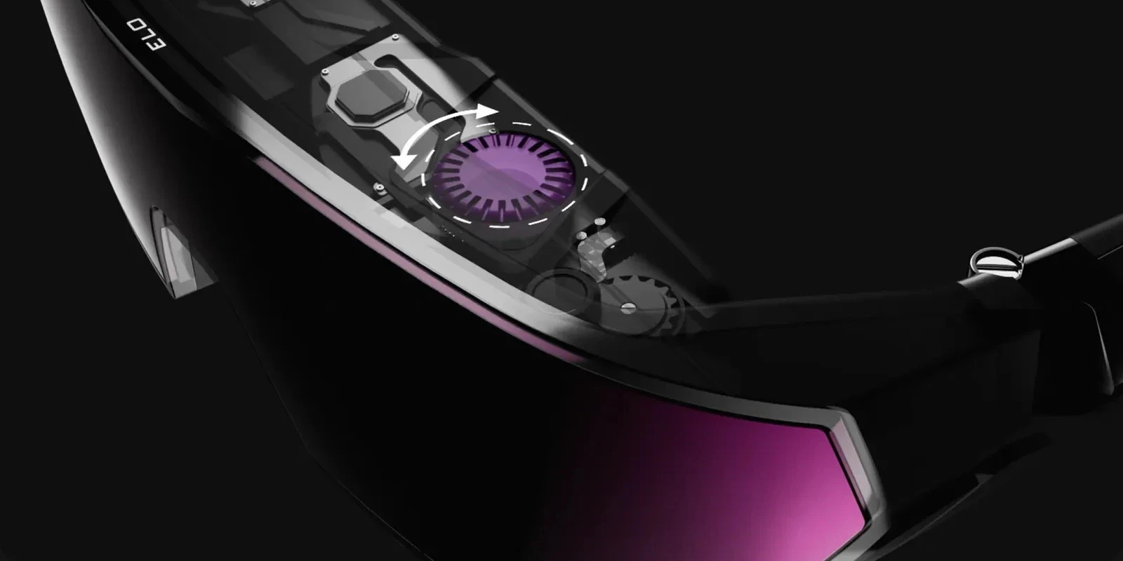 A sleek, futuristic virtual reality headset with a transparent top showcasing its internal components, featuring a prominent purple circular control element, set against a dark background.