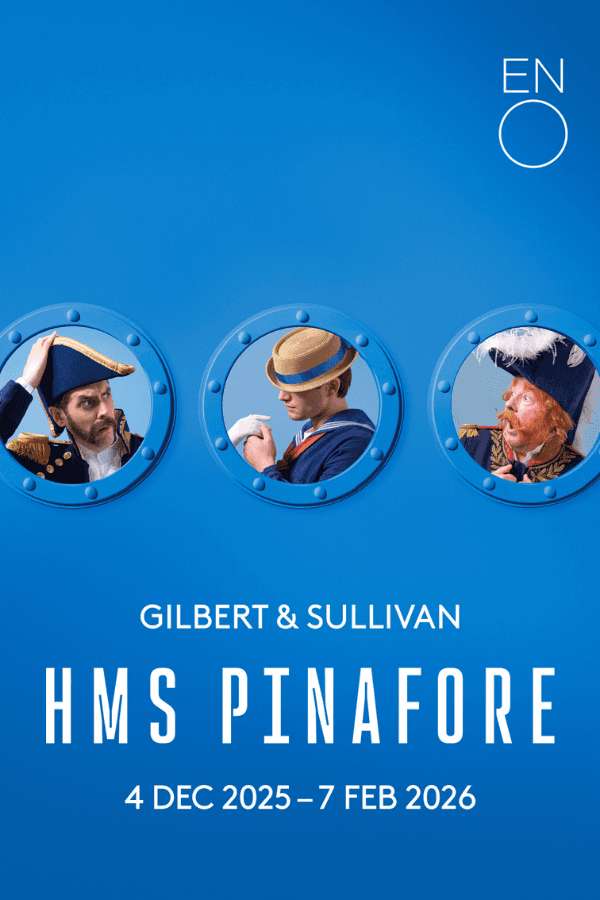 Three characters in naval attire seen through portholes, promoting HMS Pinafore.
