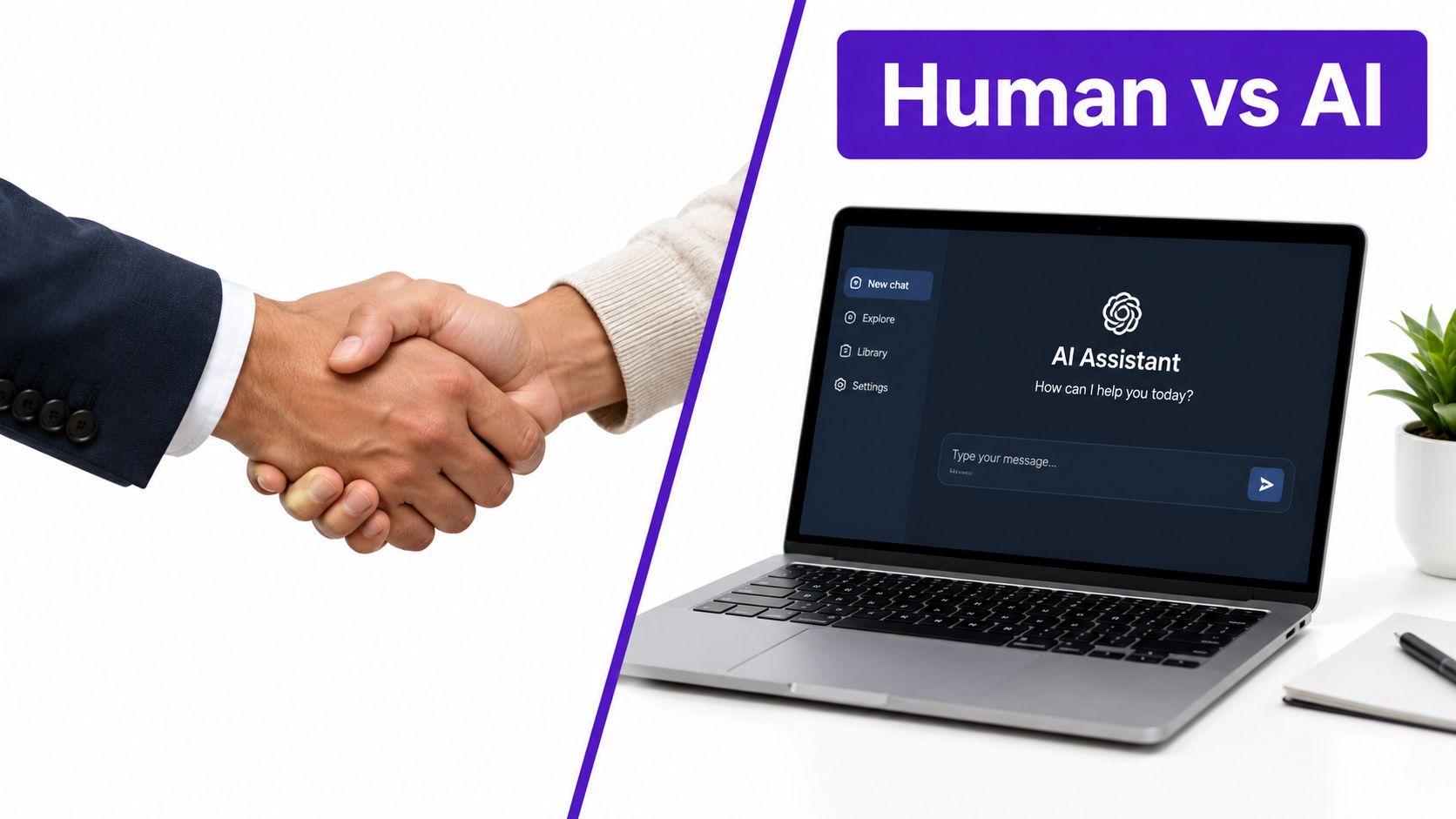 A conceptual image contrasting a human handshake with a laptop showing an AI assistant chat interface.
