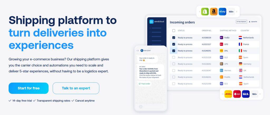 Screenshot of Sendcloud homepage