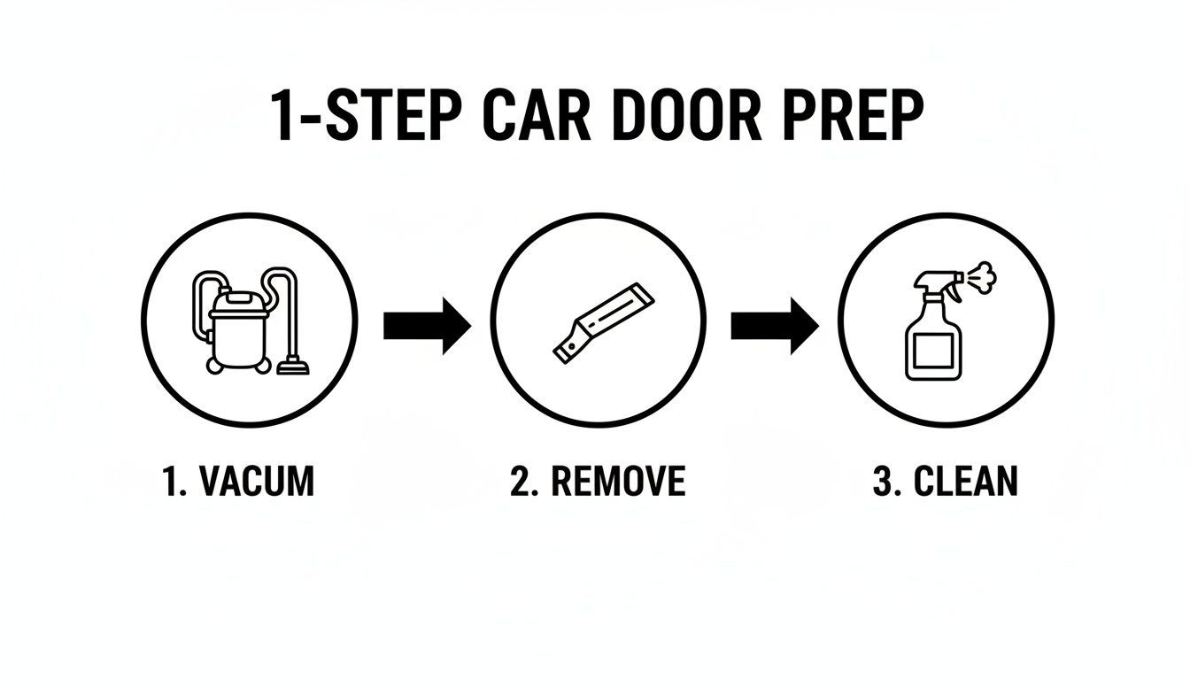 A 3-step visual guide for car door preparation, showing vacuuming, removal, and cleaning.