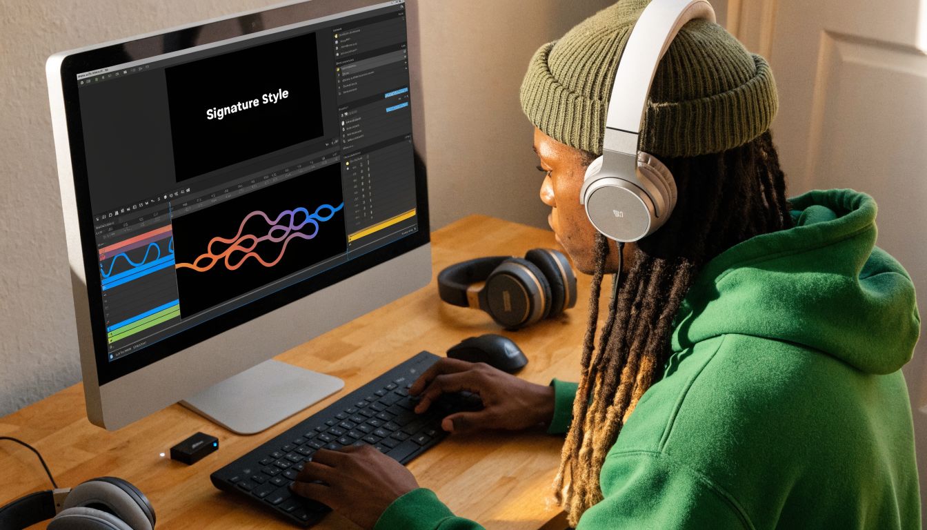 A person with dreadlocks wearing a green hoodie and headphones editing video on a computer.