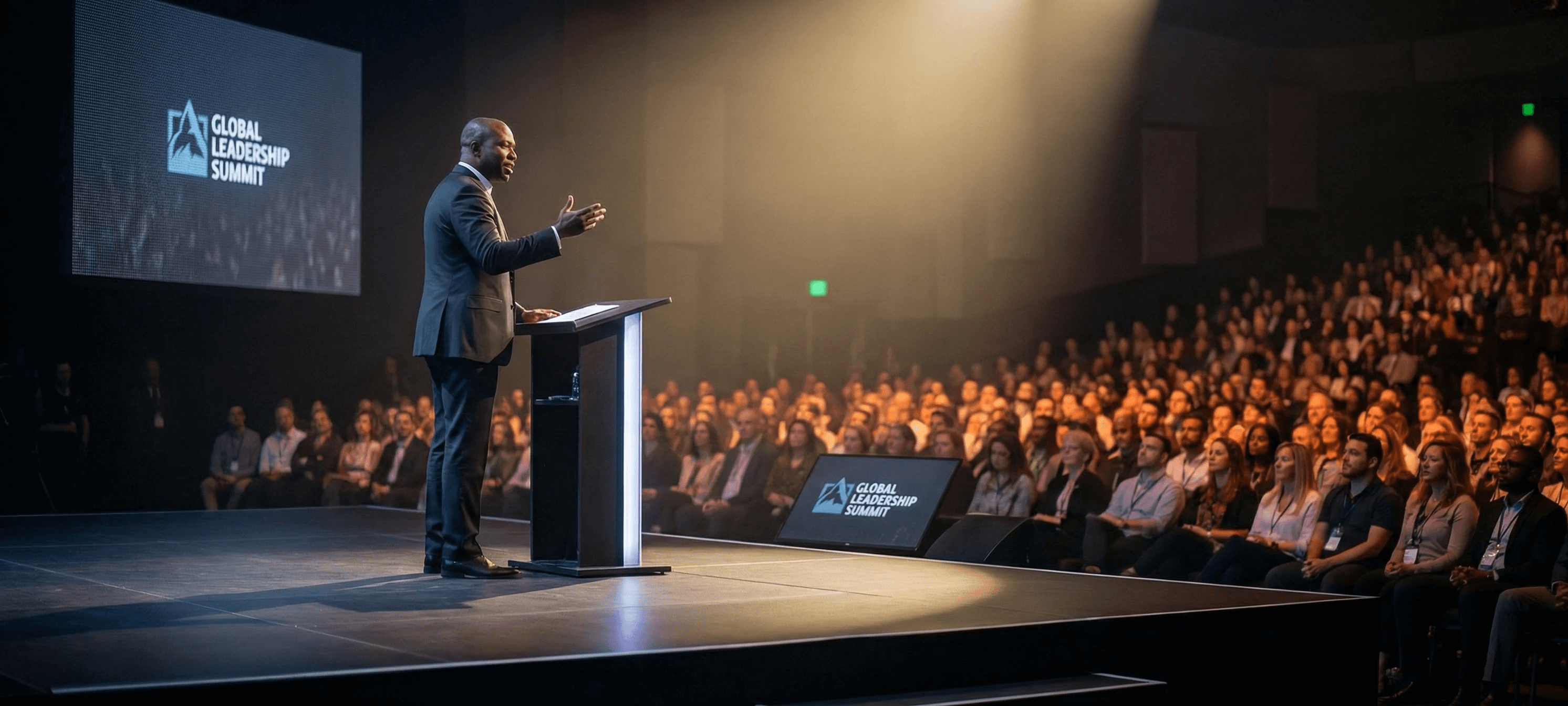 woman on a stage speaking to a group of people
