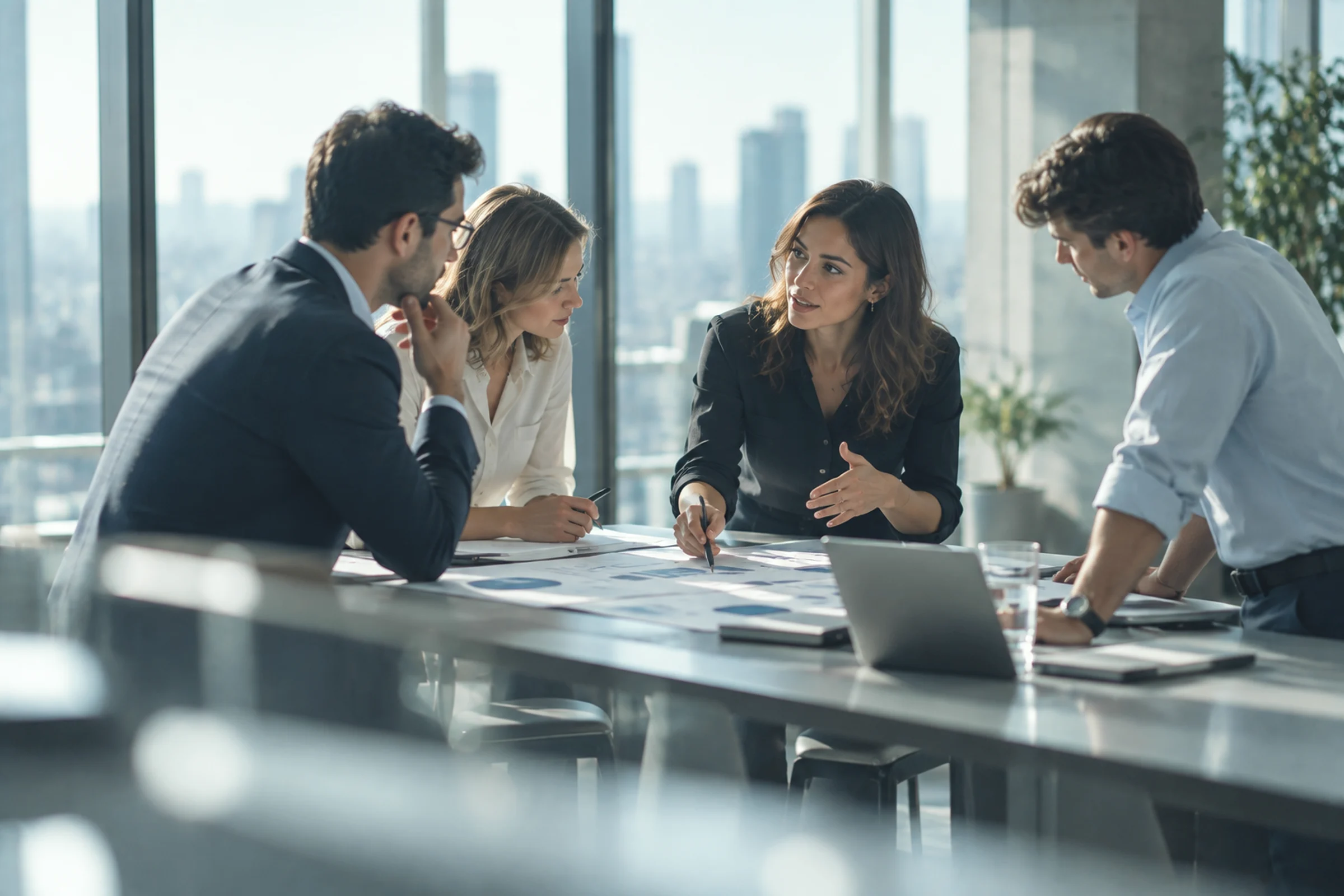 A small team discussing a plan around a table by a large window