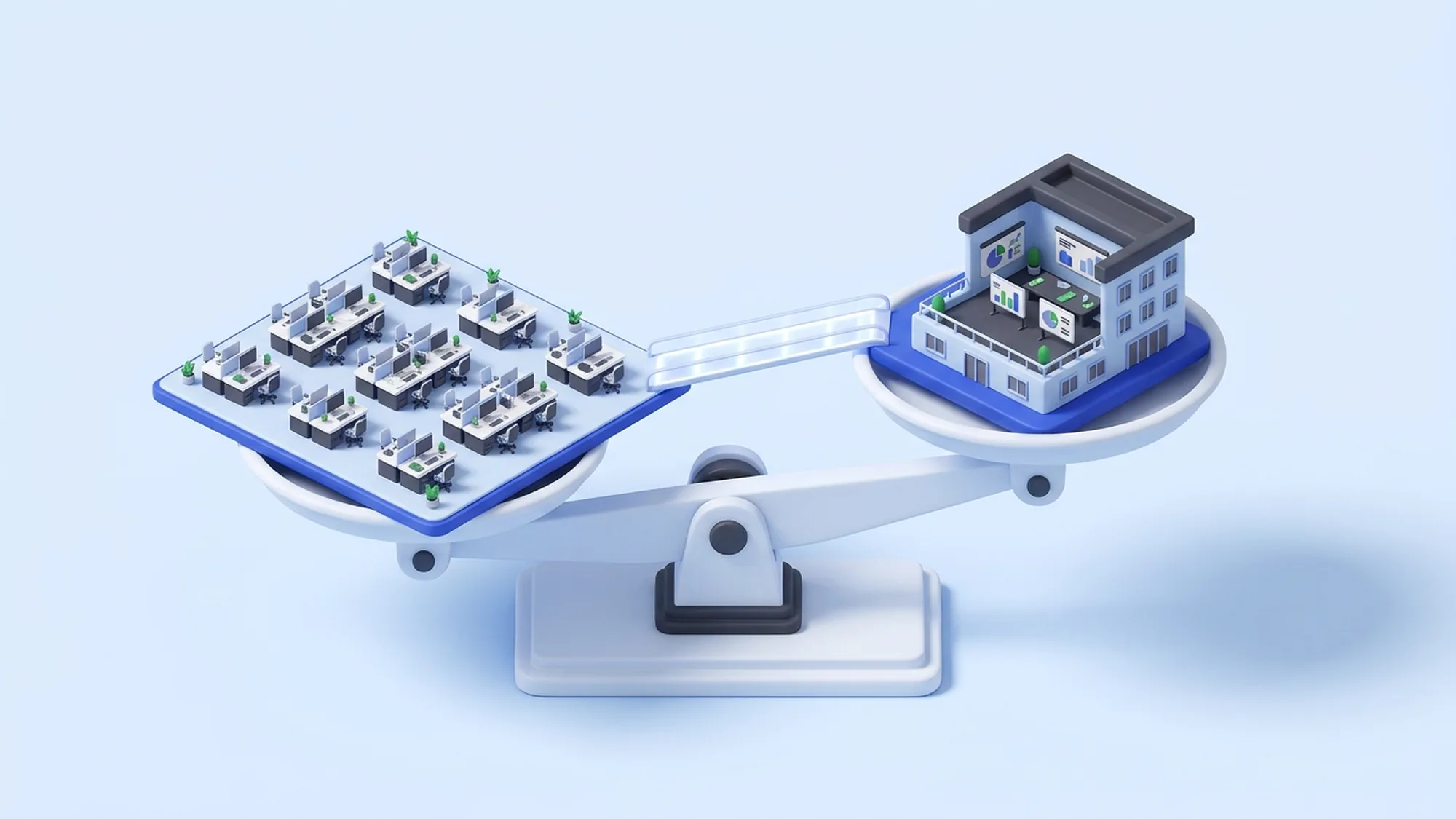 3D illustration of the 70/30 hybrid model: offshore execution and in-house strategic roles
