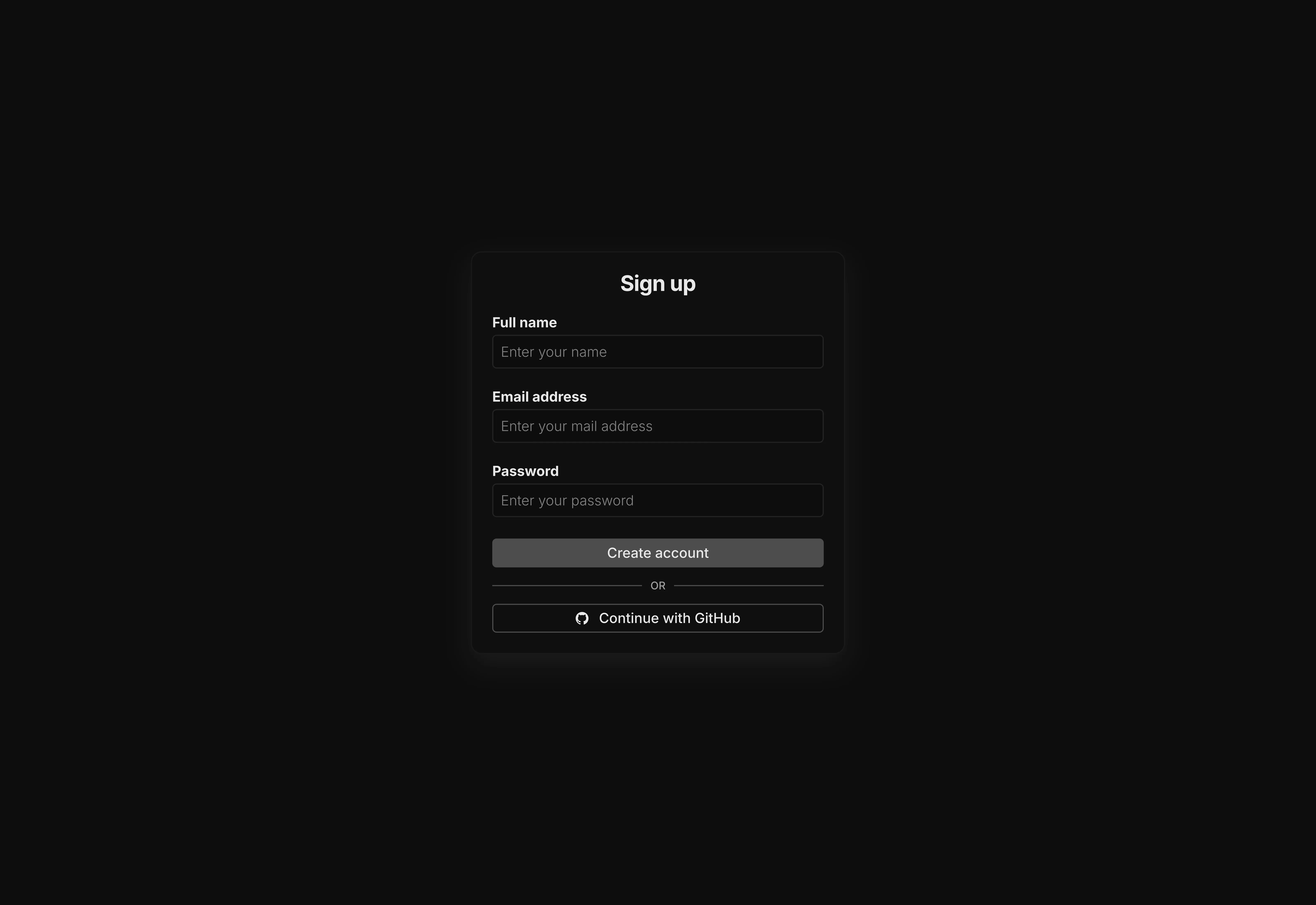 A dark themed simple UI design of a sign up form.