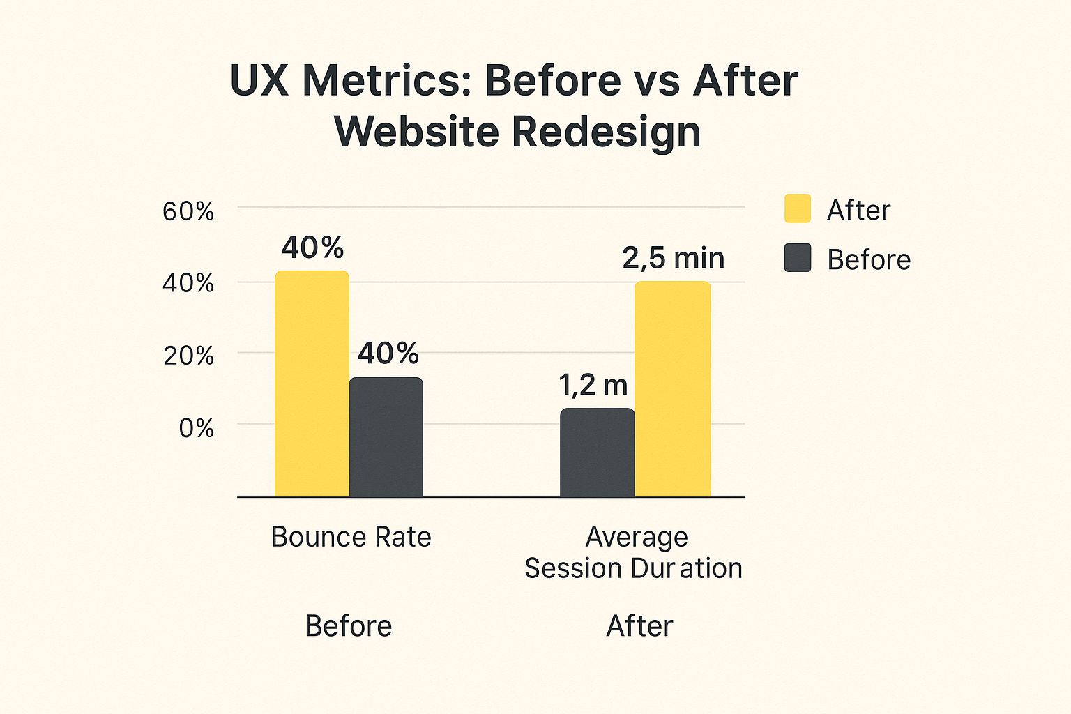 Infographic comparing user experience metrics before and after a website redesign, showing a lower bounce rate, higher session duration, and increased CTA click-through rate.