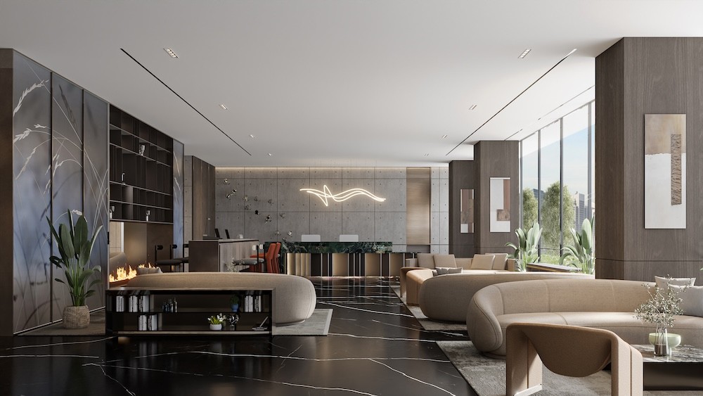 A modern living room featuring a fireplace and large windows, showcasing the Il Vento Tower in the background.
