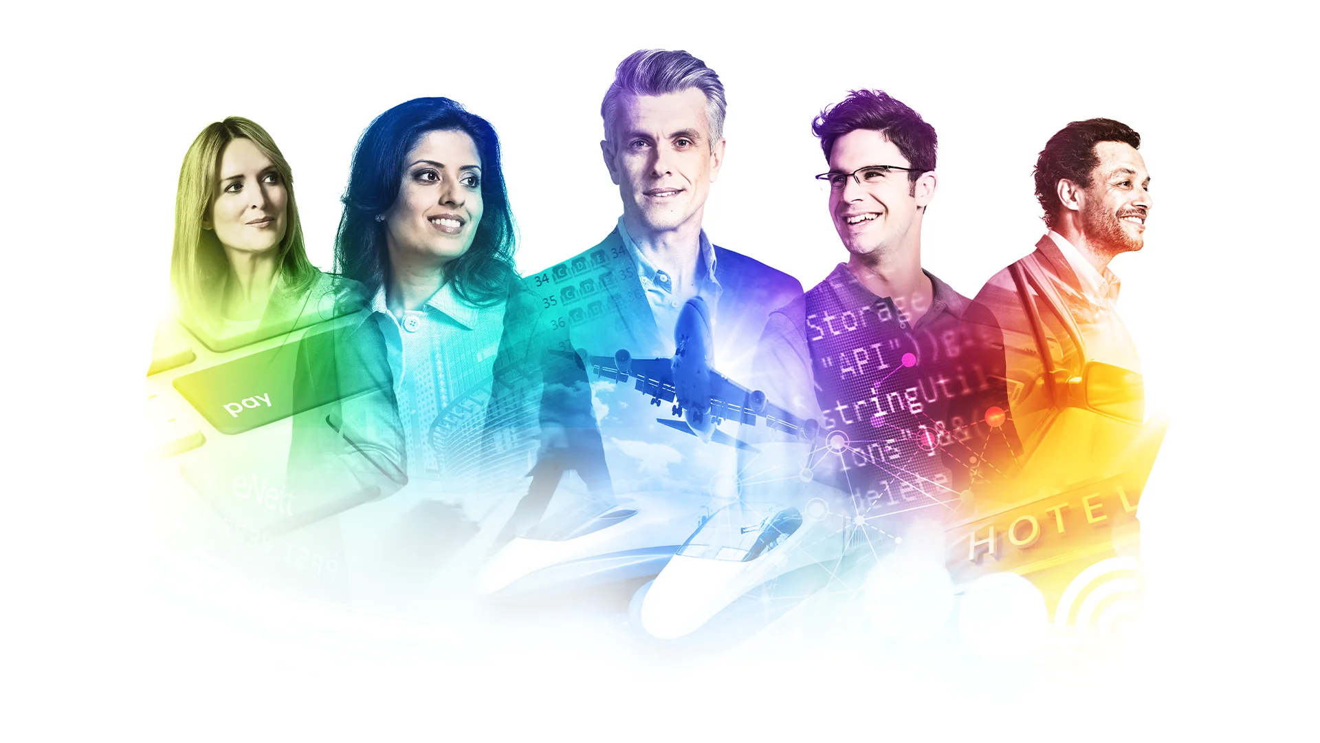 Collage of 5 people with various colours and travel imagery