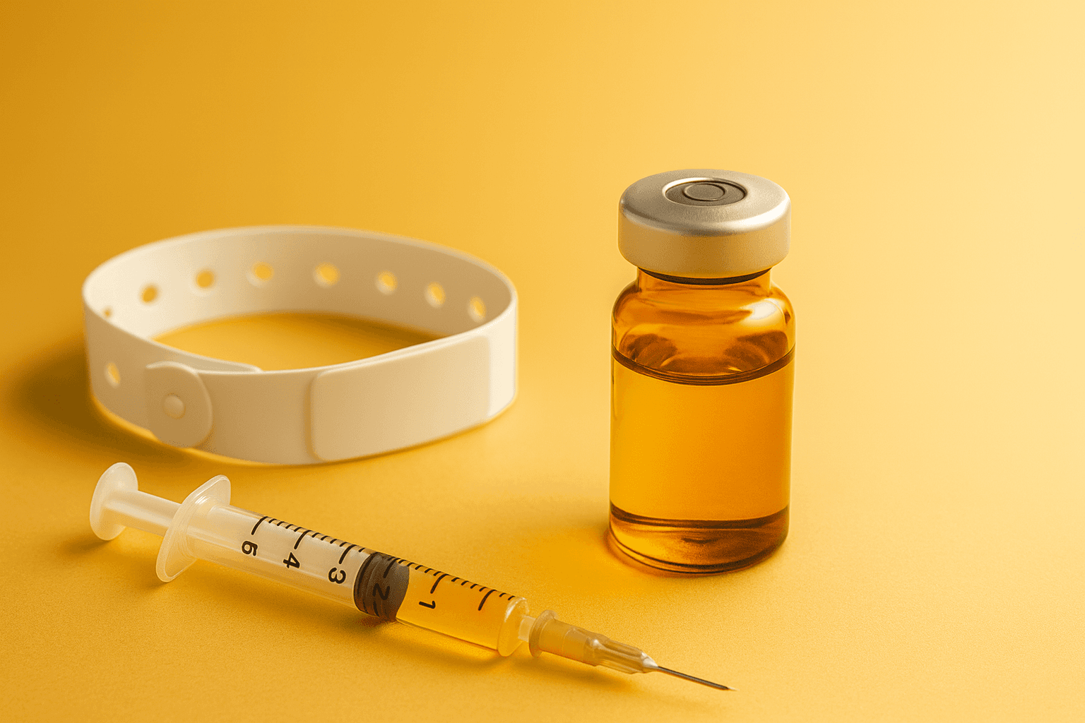 An unmarked injection vial beside a hospital wristband