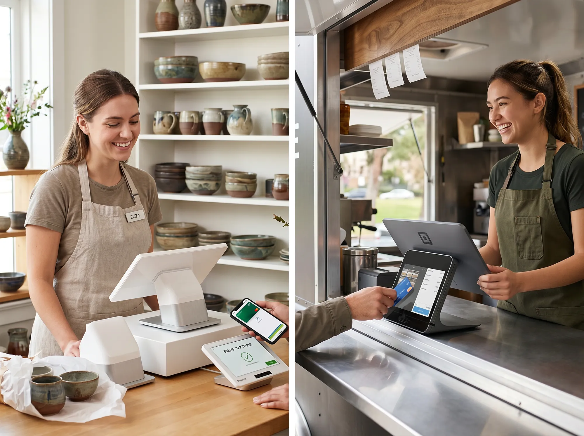 Two small business owners — one at a pottery shop, one at a food truck — process card and mobile payments using modern POS systems, illustrating the seamless payment experience SimpliPay enables across retail and food service merchants.