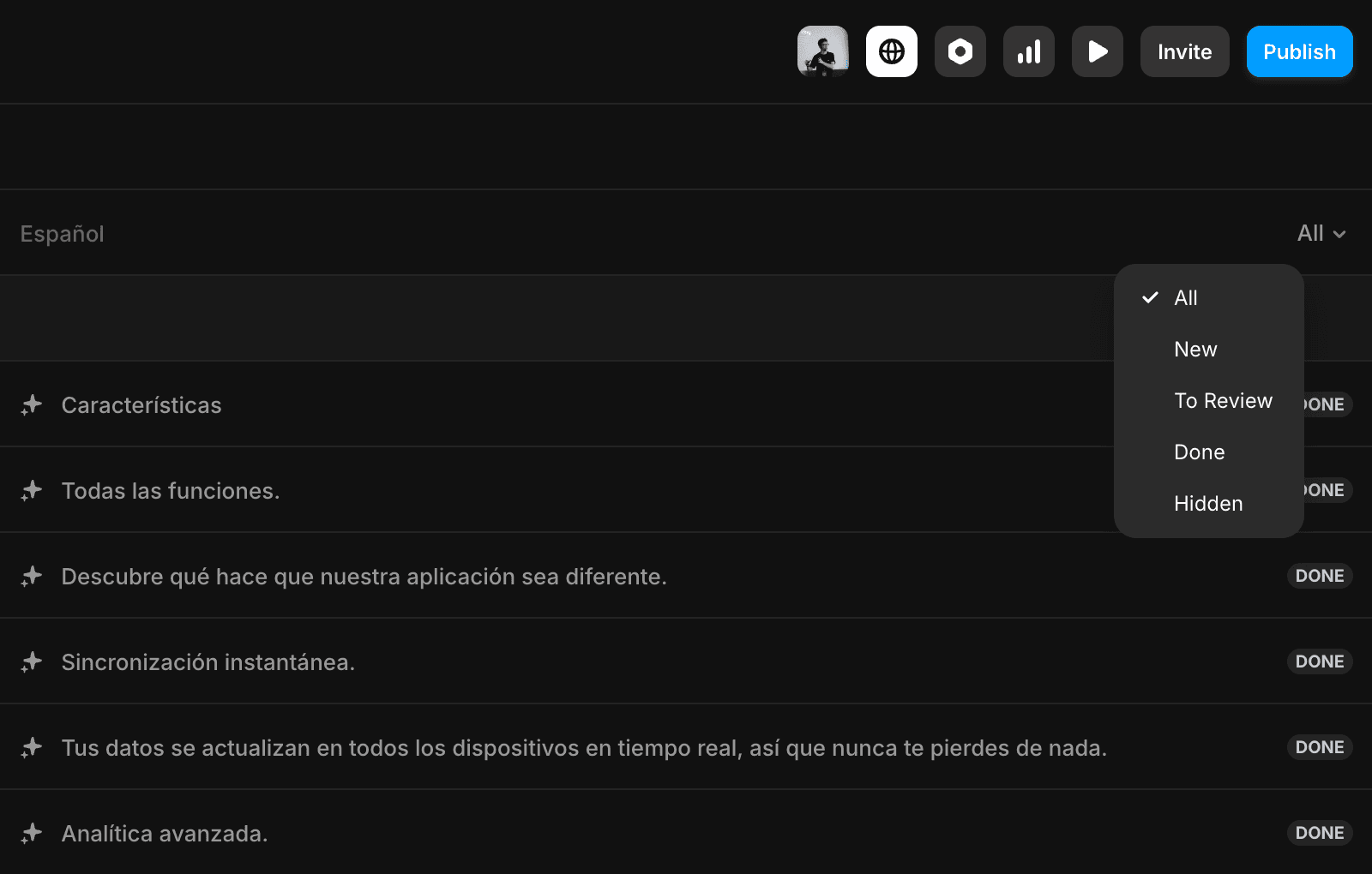 Localization view showing Spanish content list with a status filter menu open. The dropdown is set to “All” and includes options: New, To Review, Done, and Hidden. Several Spanish items in the list display a “DONE” status badge on the right.