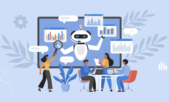 Illustration of marketing professionals with charts and a robot