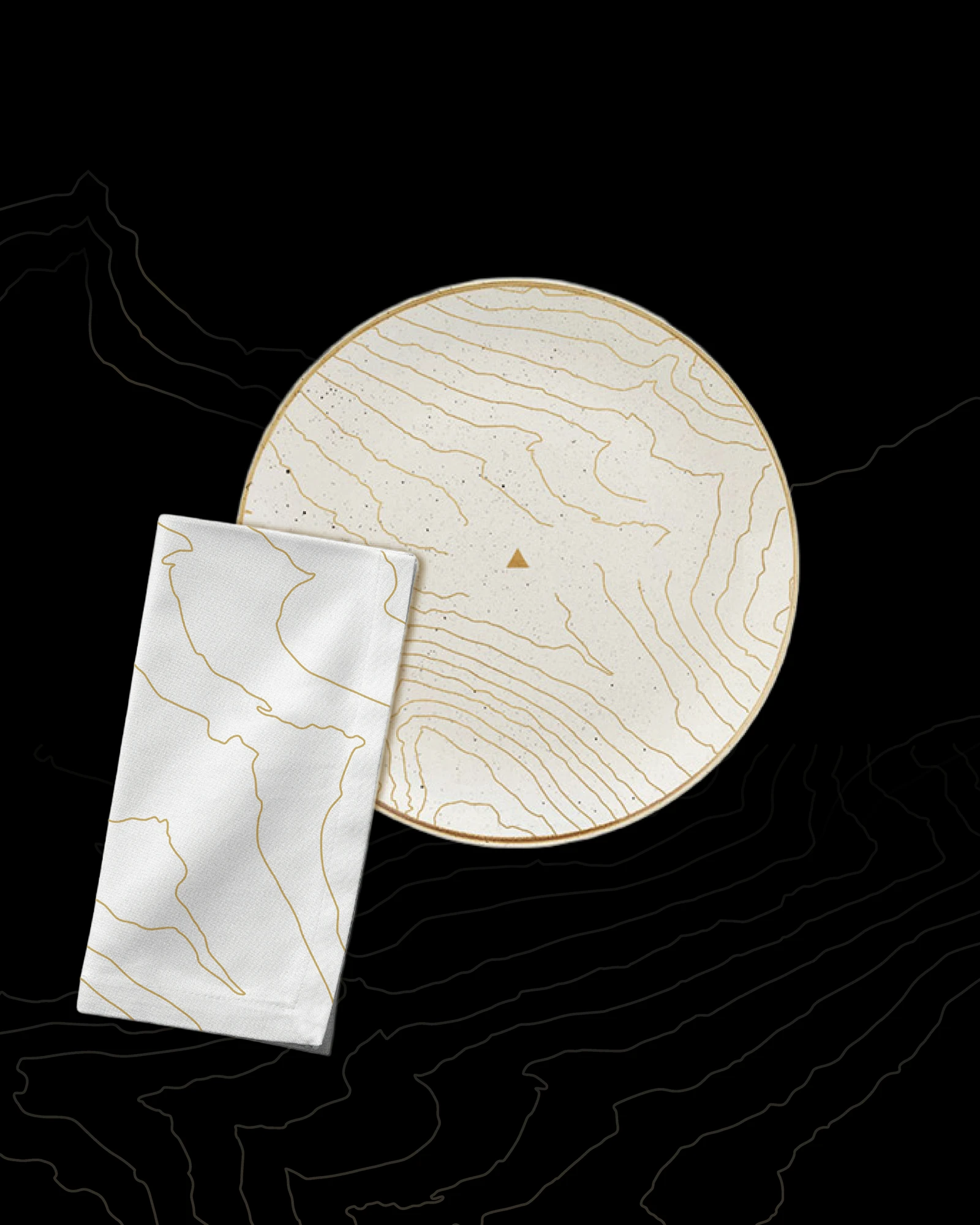 Plate and napkin printed with the Borda Lobato topographic pattern, brand identity design by Sebastian Saavedra