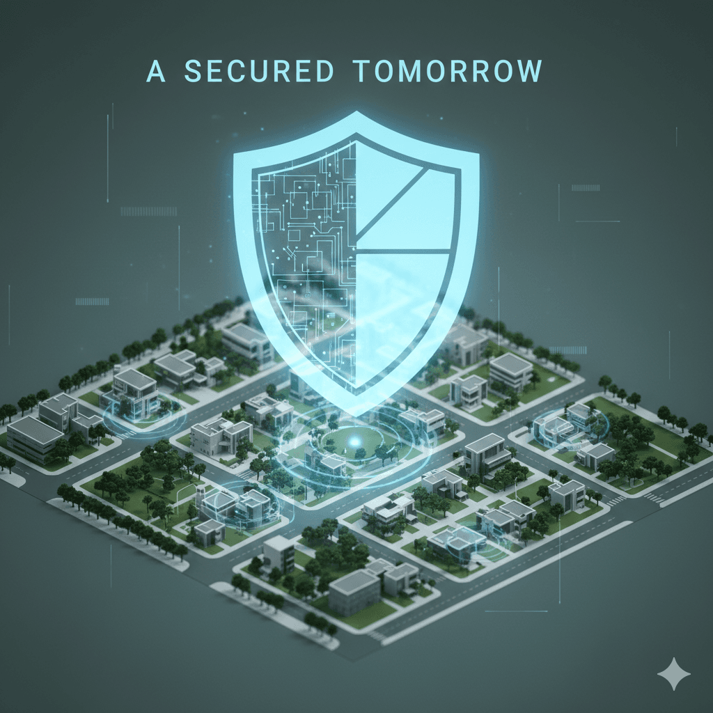 3D digital shield icon protecting a gated residential township layout in Haryana