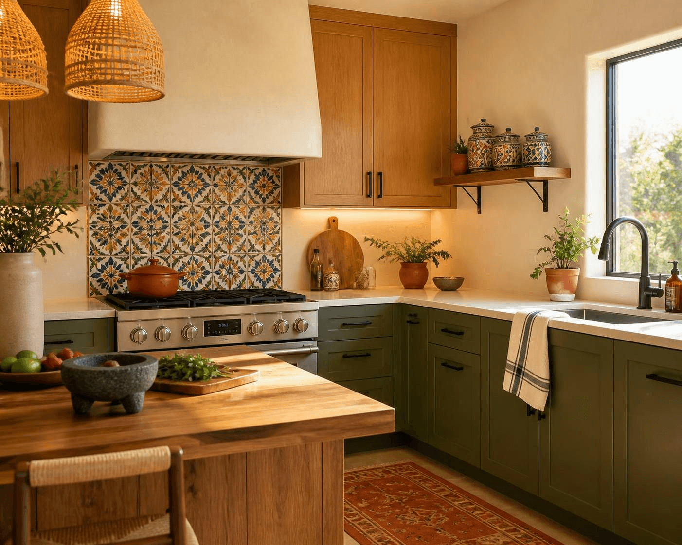 Cozy Mediterranean rustic kitchen with dark olive green cabinetry, woven pendant light, blue-and-white handmade tile backsplash, brass bin pulls, marble island, clay bowls, and basalt molcajete.