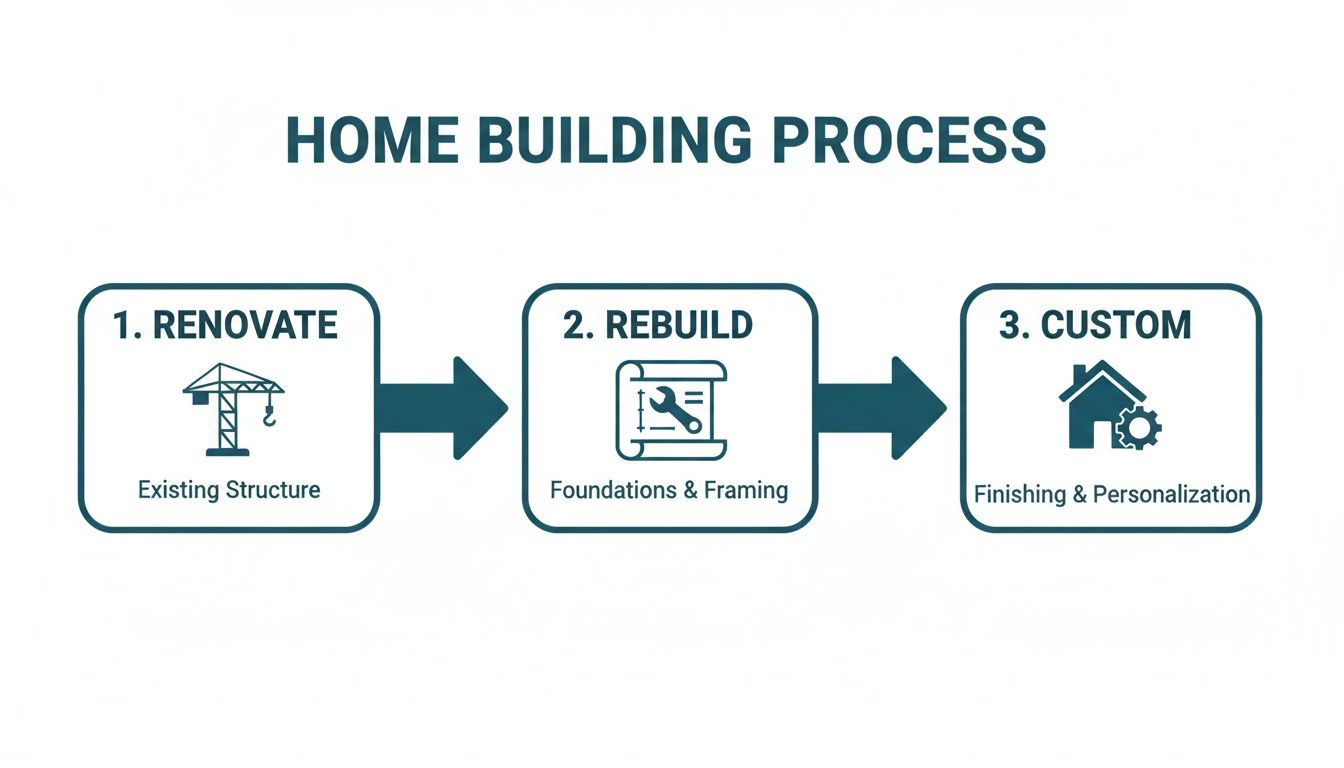 An infographic illustrating the three-step home building process: renovate, rebuild, and custom construction.