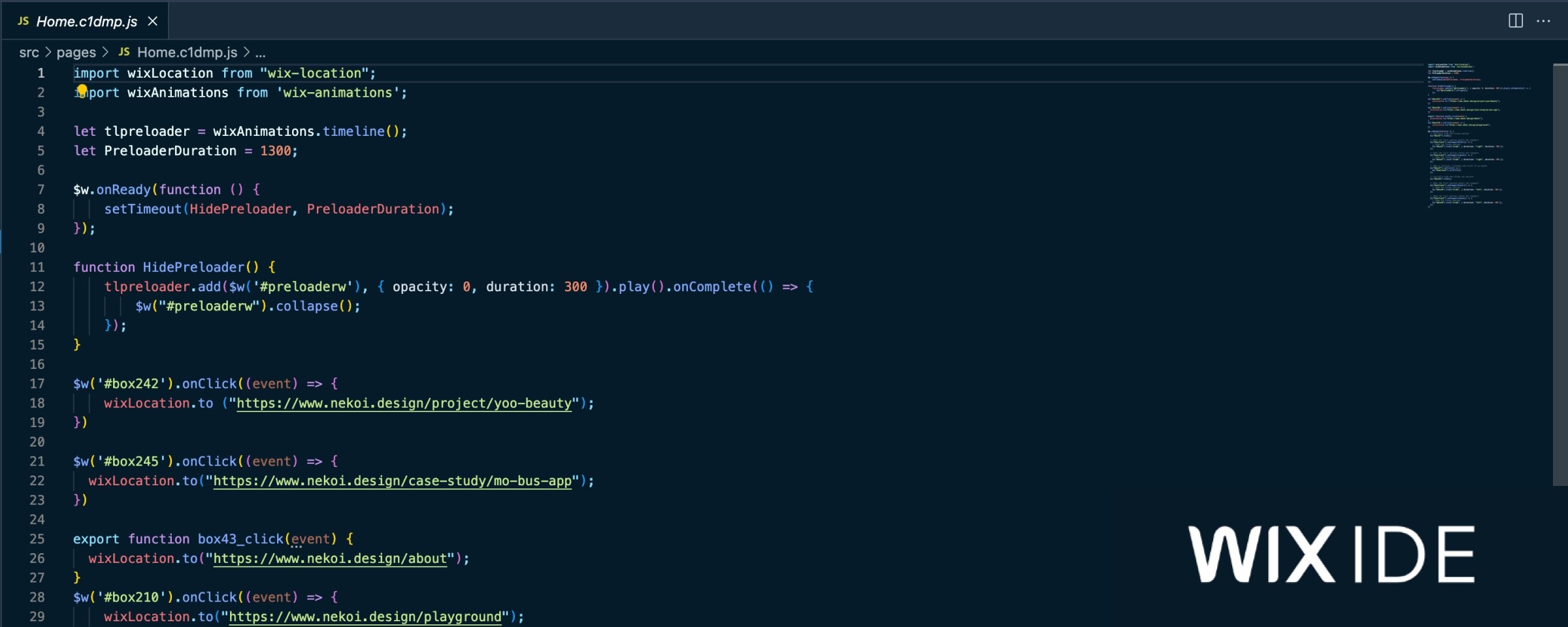 Image of few lines of code written in Wix IDE