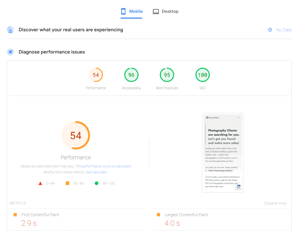 Google pagespeed insights report for connorwalberg.com