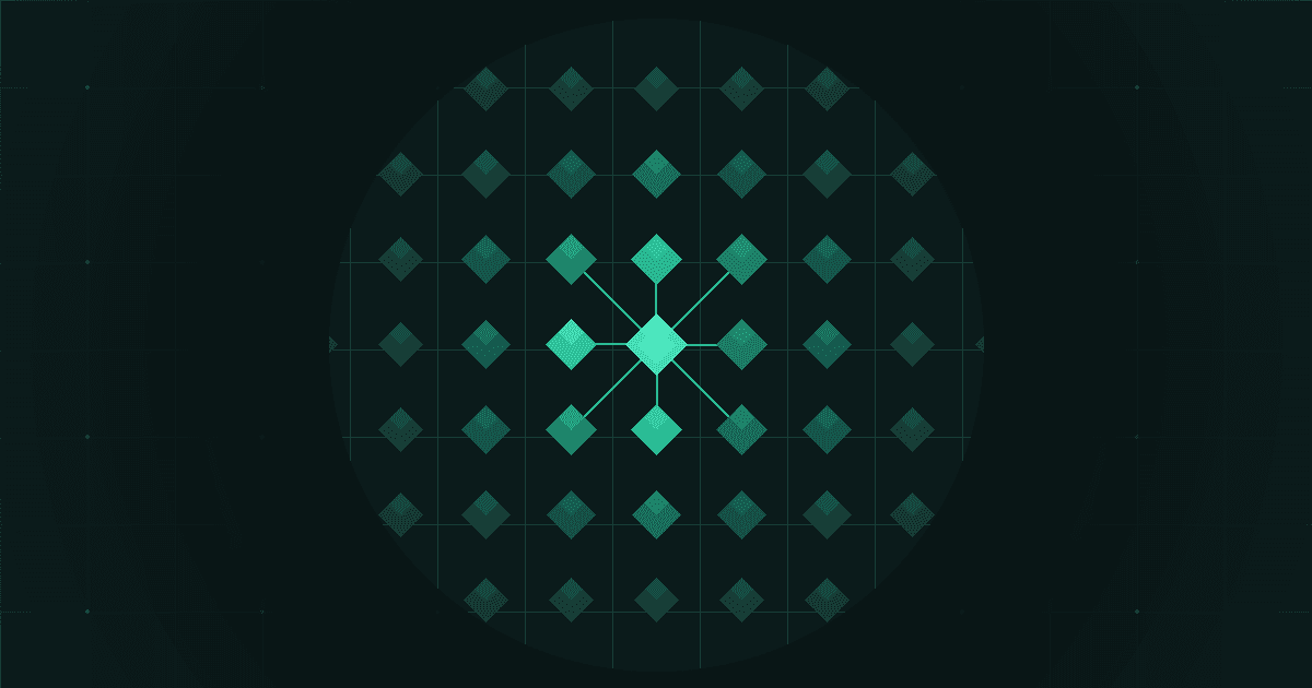 Abstract pattern of diamond shapes in varying shades of green radiating outward from a bright central point, connected by subtle lines — representing equity flowing from a company to its employees through an EMI share option scheme.