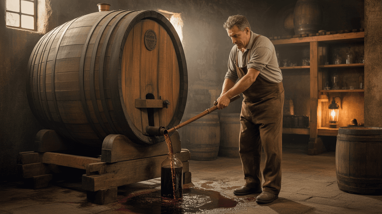 Man siphoning red wine from wooden barrel in rustic cellar under lantern light