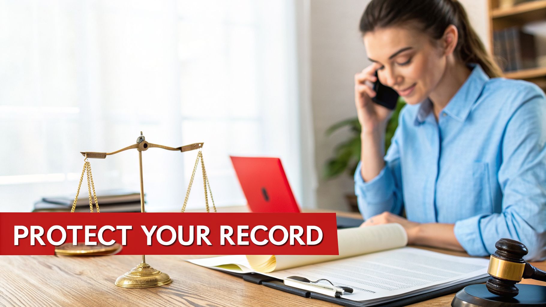 A lawyer on the phone with legal documents, scales of justice, and a gavel, with text 'PROTECT YOUR RECORD'.