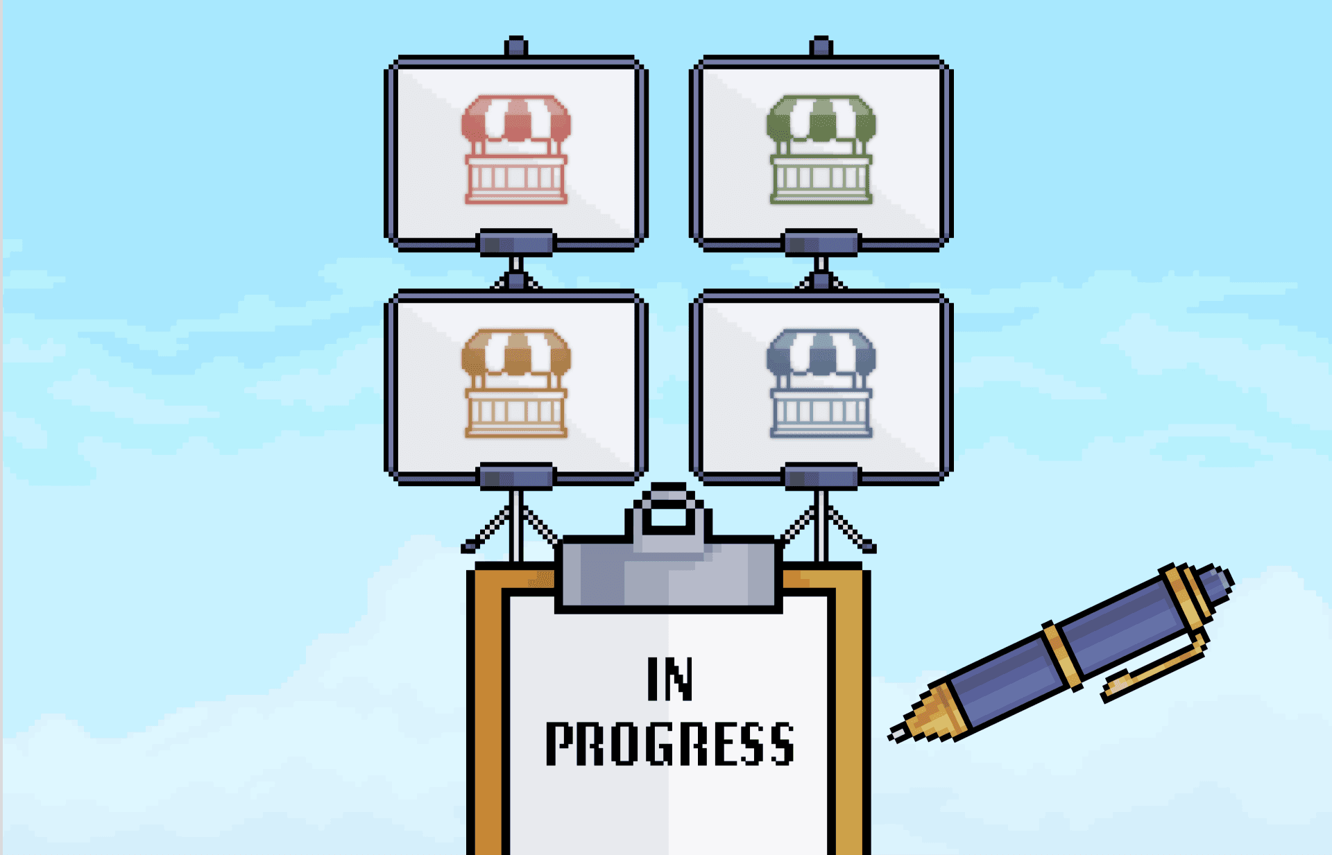 Pixel-art of four monitors showing market stalls (red, green, blue, yellow) above a clipboard labeled "IN PROGRESS," with a pencil, against a cloudy sky. On hover, a GIF plays: All four projector screens turn on one by one. Once all are on, the pen swipes over the clipboard, changing "IN PROGRESS" to "COMPLETED," while the screen content changes to four green checkmarks.