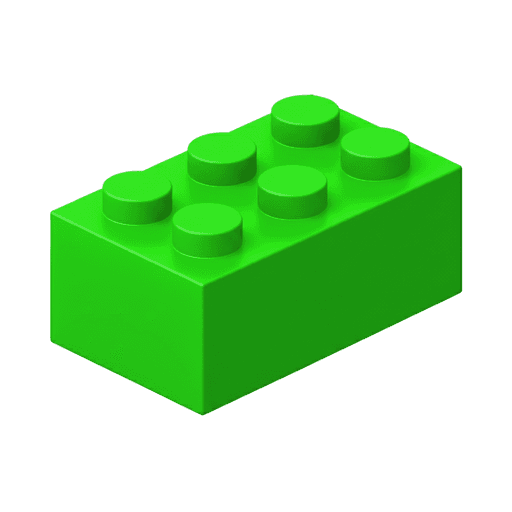 A green Lego brick with eight circular bumps arranged in two rows on top.