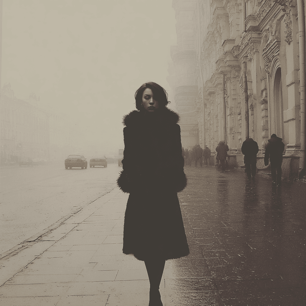 A woman in a long dark coat with fur trim stands alone on a rainy city street, surrounded by fog and old European architecture. The moody, cinematic atmosphere captures solitude and mystery.