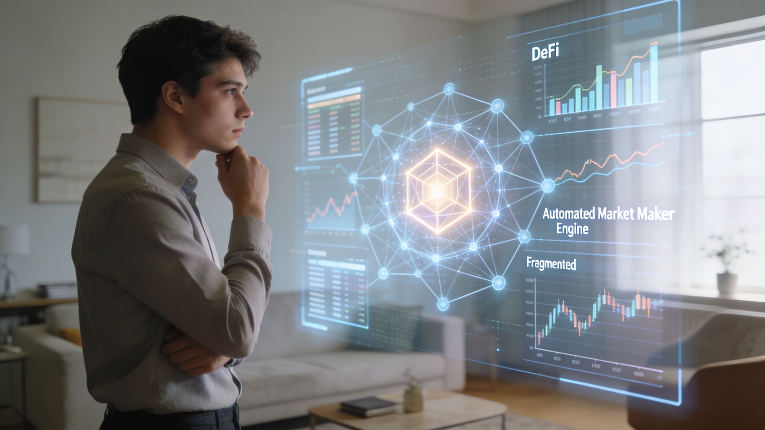 A young man looking at a futuristic digital interface displaying financial charts and decentralized finance data.