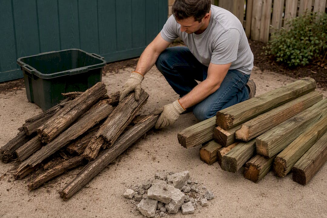 Separated fence wood and concrete debris