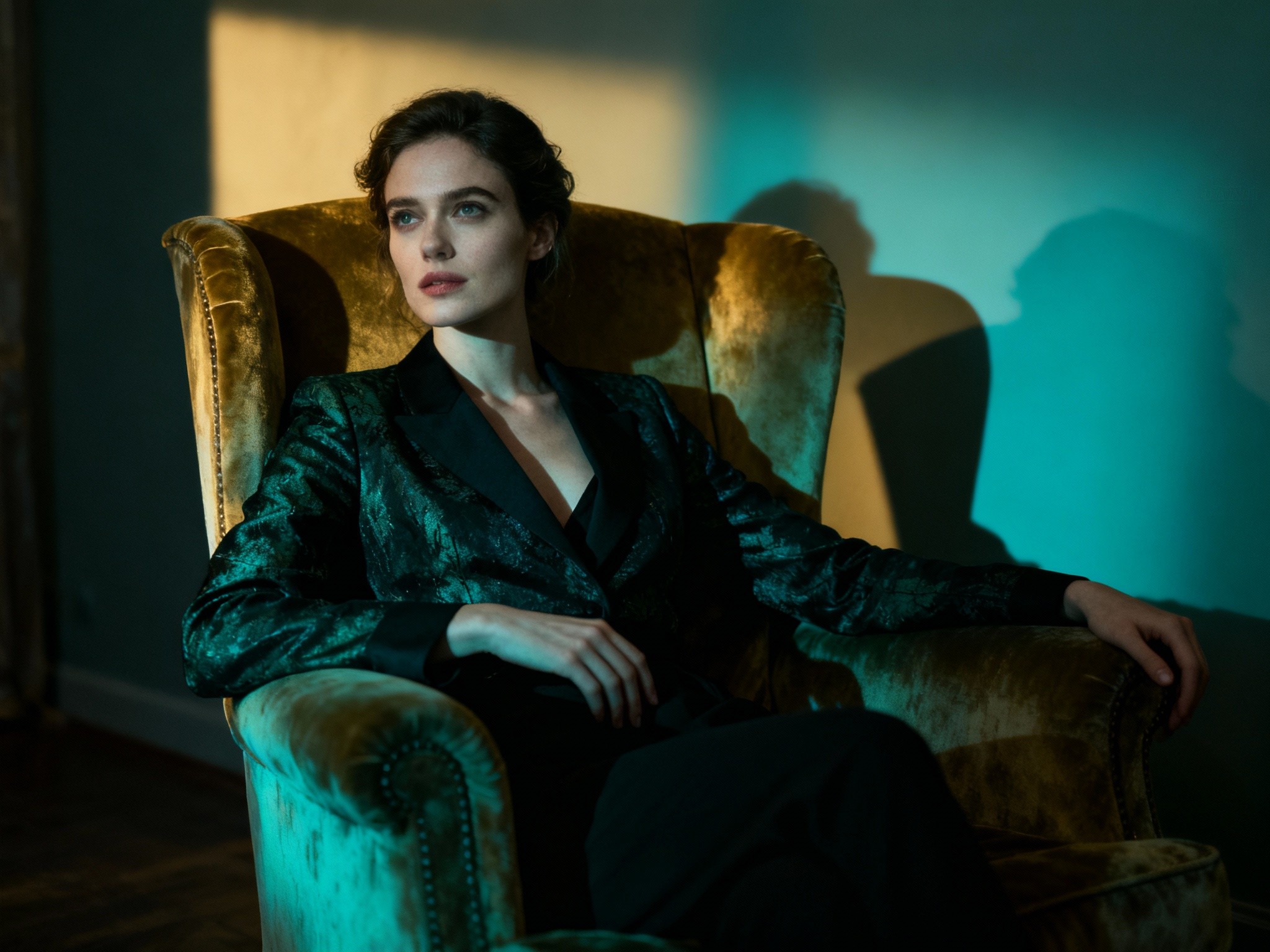 An indoor studio set in a format featuring a close-up of a stylish woman seated elegantly on a