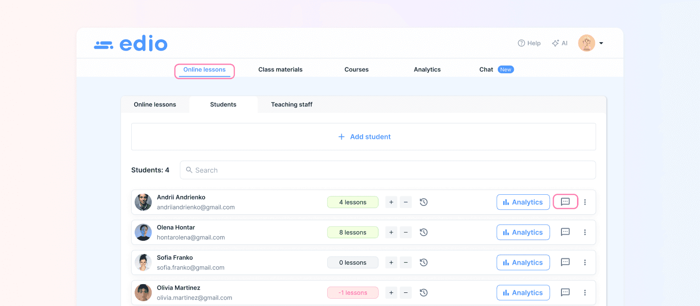 edio online lessons page with quick message icon for instant student communication in language school platform