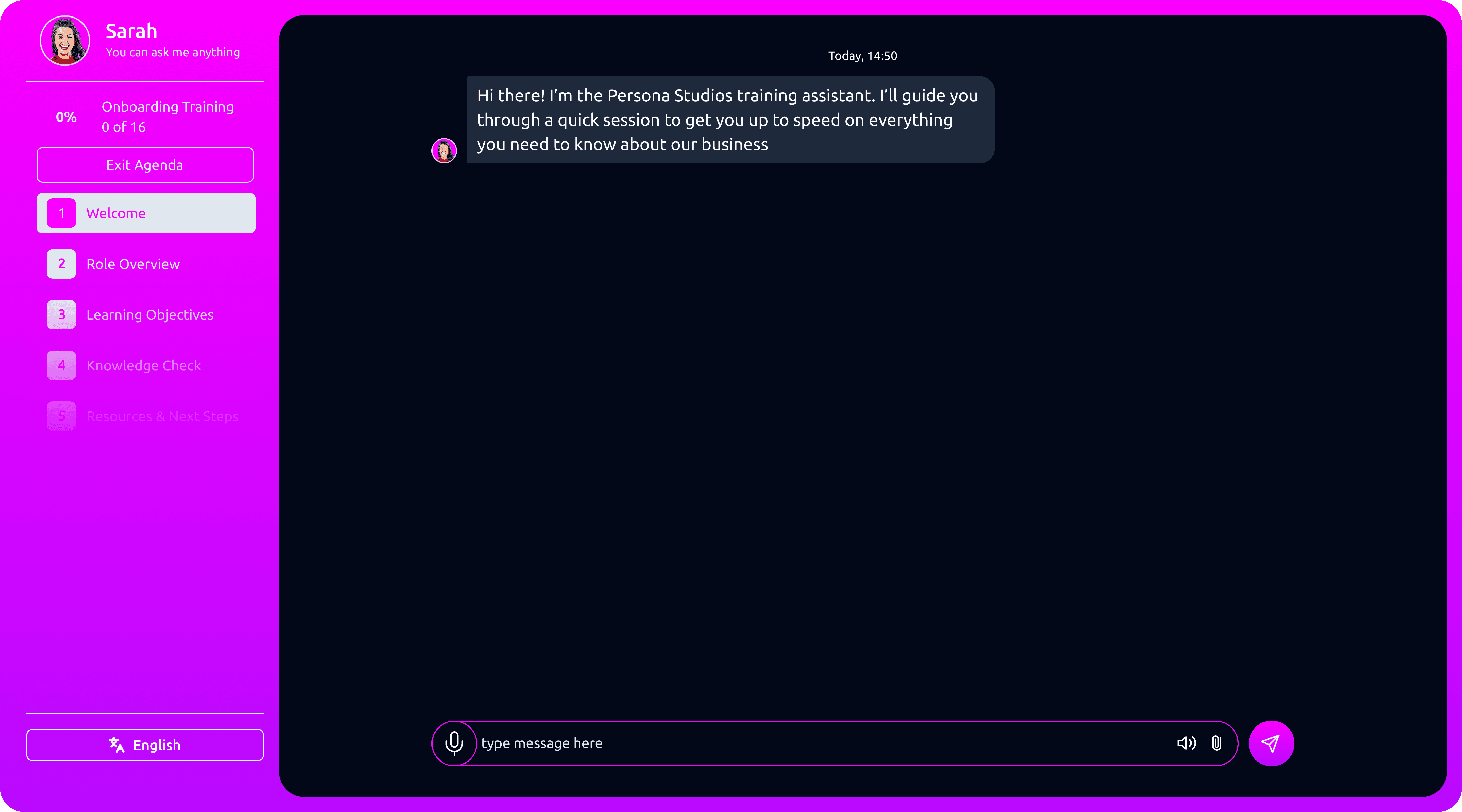 Screenshot of Persona Studios Webchat interface for an AI training assistant.