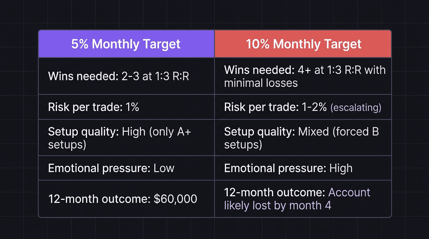 Comparison table showing 5% monthly target vs 10% monthly target
