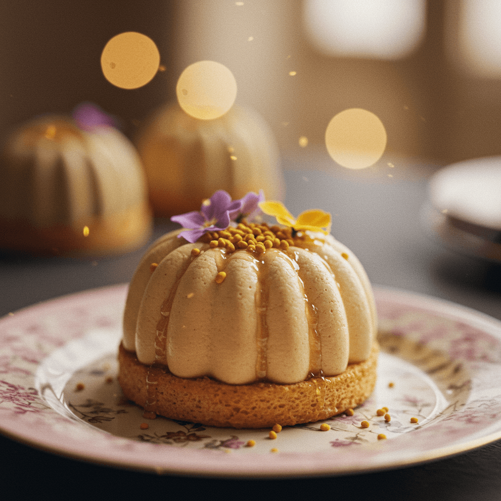 A close-up shot of a dessert that symbolizes the Lion Refuge – perhaps honey-infused cake with flowers.