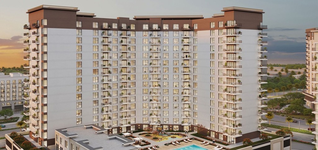 Rosewell at Town Square, a new apartment building situated at the street corner.