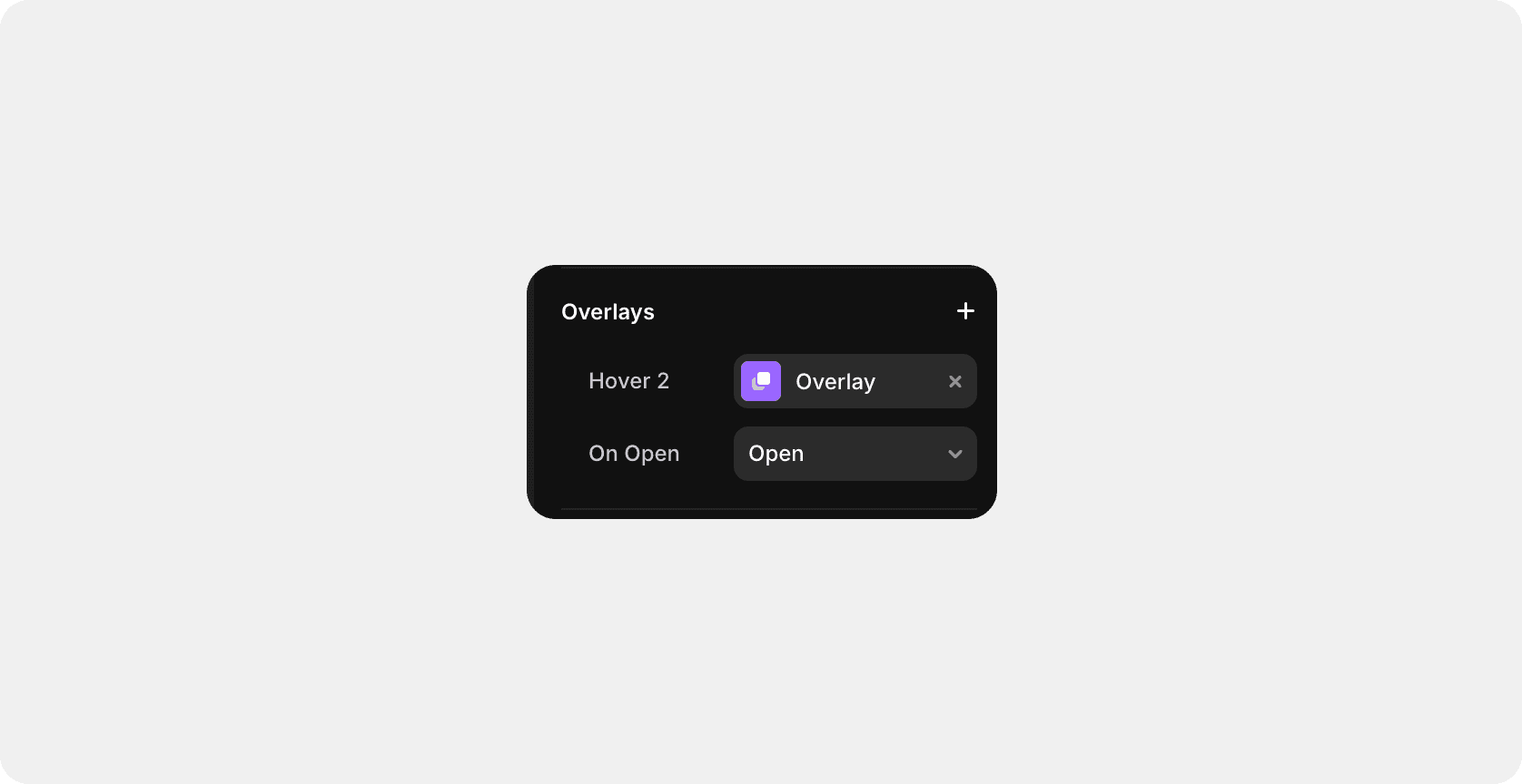 Framer overlays settings panel with hover and open states