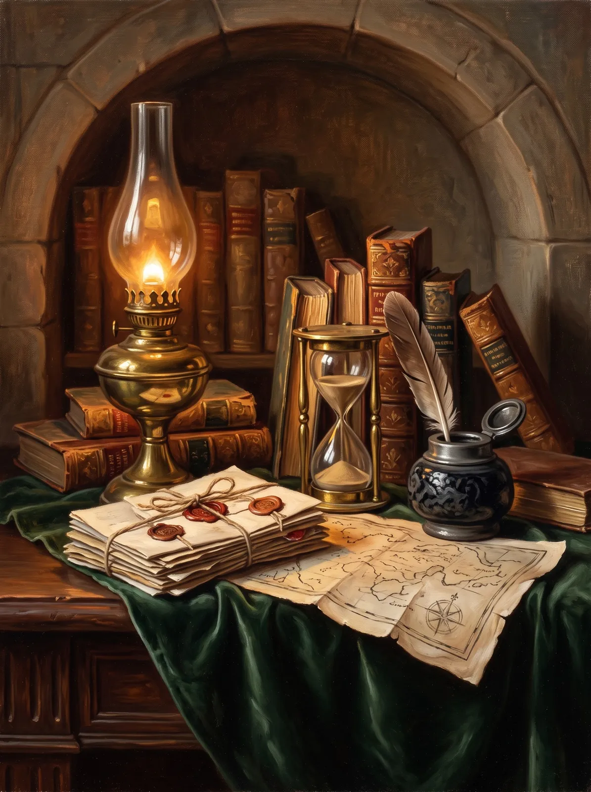 A scholar's desk with letters, a map and an hourglass