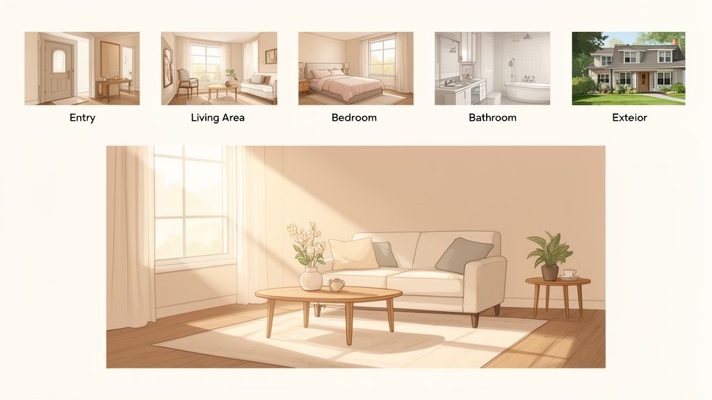Various illustrated home interior and exterior views, featuring a bright, minimalist living room.