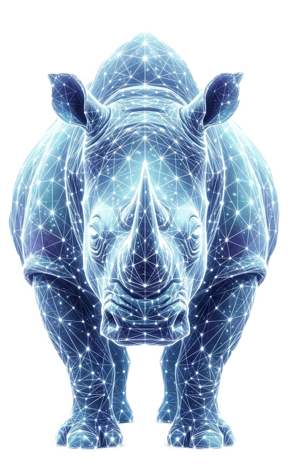 Un rhinocéros majestueux, composé d'un réseau lumineux de points et de lignes bleues brillantes, symbolisant un.