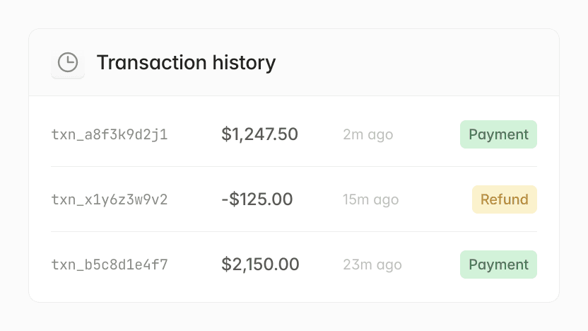 Transaction history with payments and refunds. View payment details.