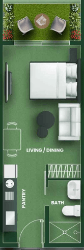 studio-bedroom apartment floor plans for Vincitore Aqua Flora, detailing room arrangement and sizes.