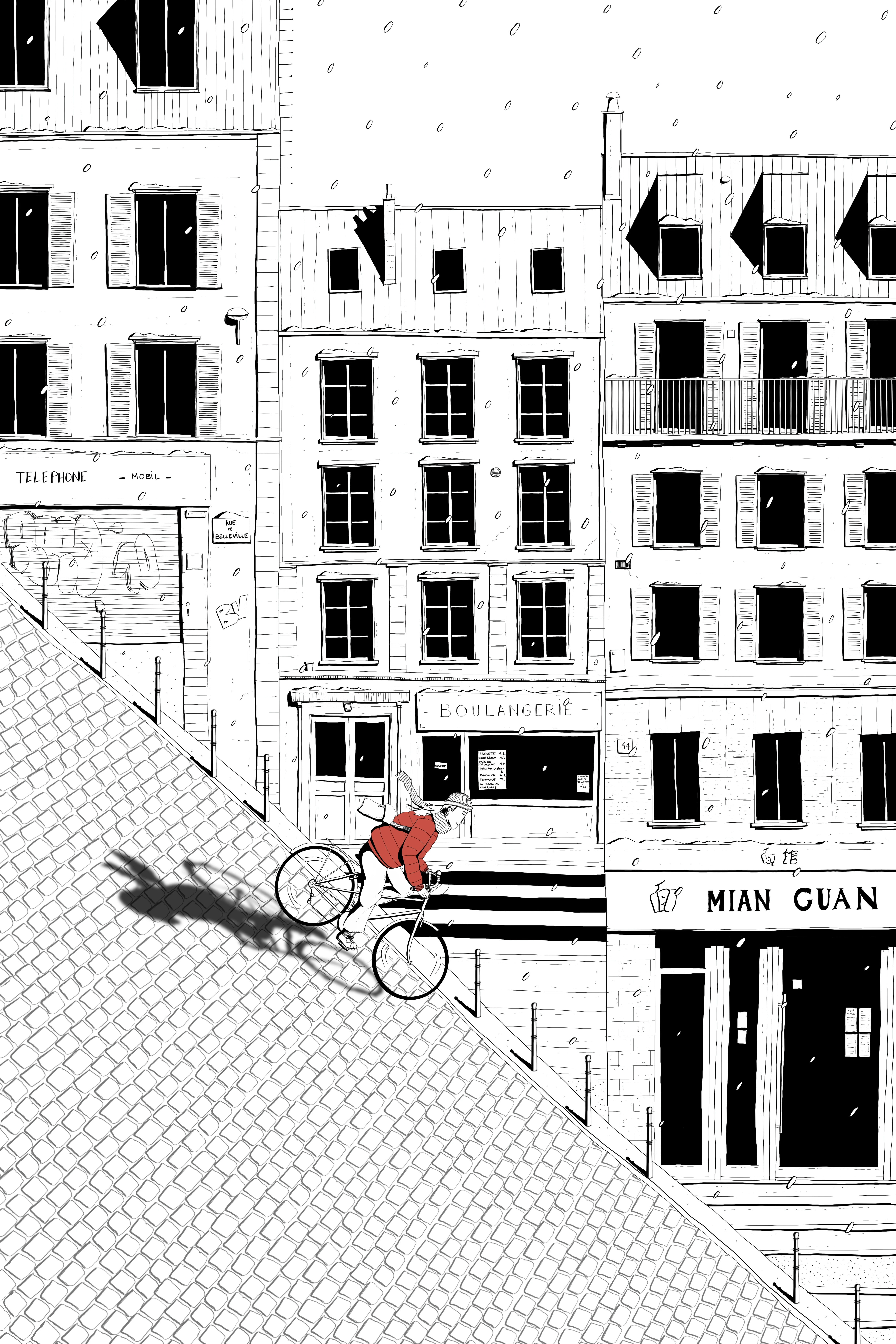 illustration de Victoire sur un vello qui dévalle la rue de Belleville dans le 20ème arrondissement de Paris