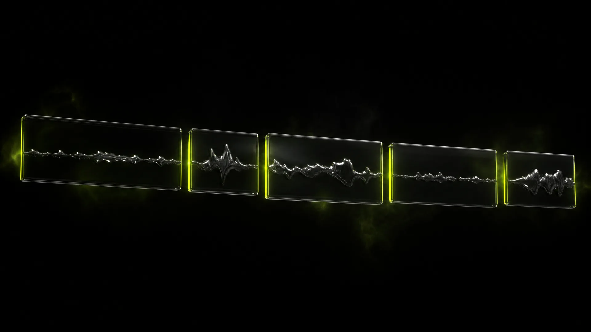 Dark glass timeline split into five separate segments, each holding its own chrome waveform, separated by lime light seams