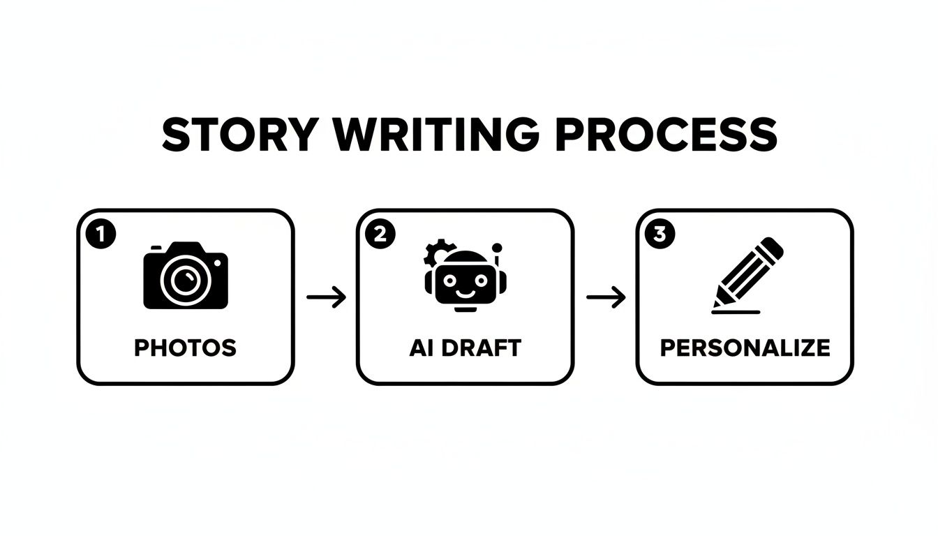A diagram illustrates the story writing process: step 1 is Photos, step 2 is AI Draft, and step 3 is Personalize.