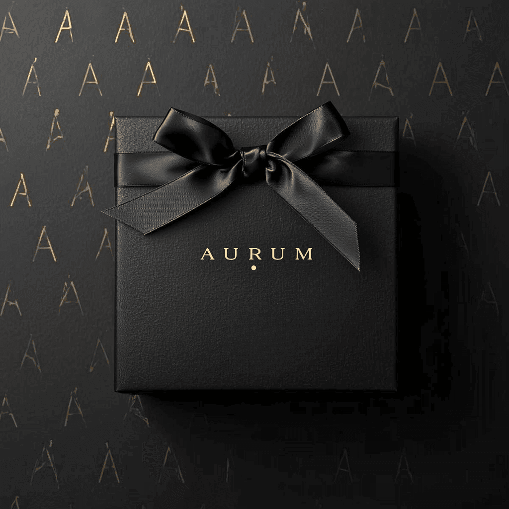 Diseño de packaging de lujo para la marca Aurum, presentando una caja negra premium con lazo de satén y logotipo en estampado foil dorado.