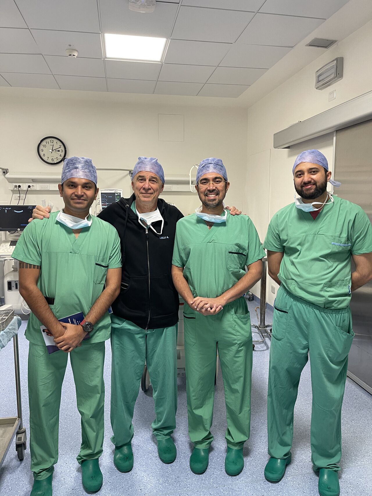 Black armored security figures watching a drone flying above a narrow city street