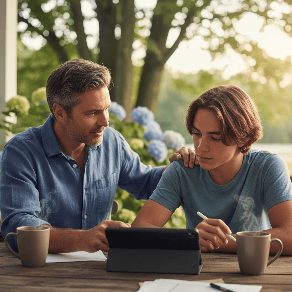 Conversion Truth for Families - Father, teenage son, and Mother all embrace outdoors