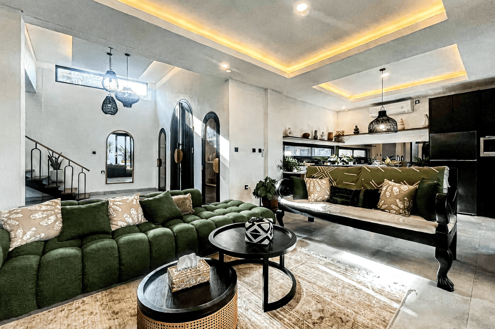 Stylish lounge and kitchen design. Premium real estate agent services for modern villas in Jimbaran.